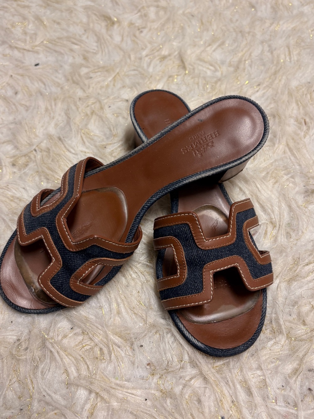 Hermes Oasis sandals denim and tan, size 35.5